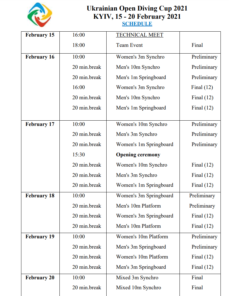 UKRAINIAN OPEN DIVING CUP 2021-SCHEDULE